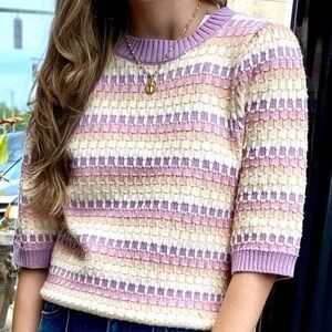 THML Lavender, Cream & Pink Striped Knit Short-Sleeve Sweater Easter Colors!